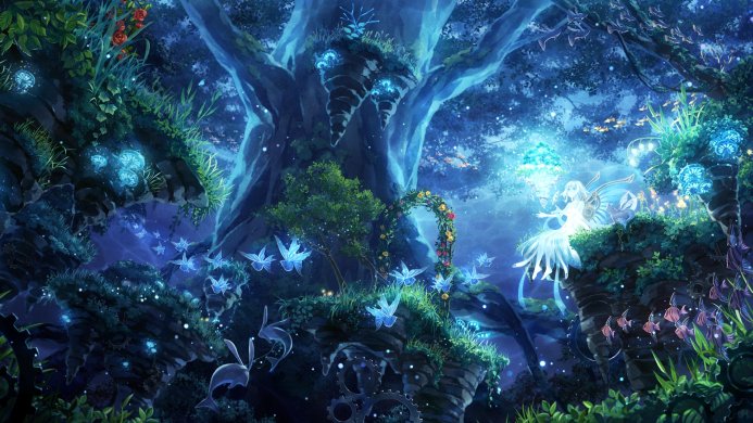 A fairy in a magical blue and green forest with glowing plants and a large tree