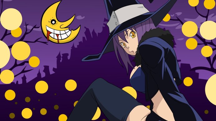 Maka Albarn from Soul Eater with a witch hat, with the moon behind her, in a purple night setting