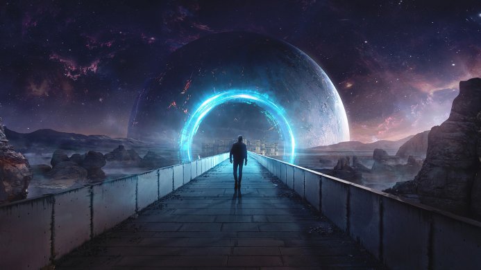 A man walks on a bridge towards a glowing portal with a large planet in the background