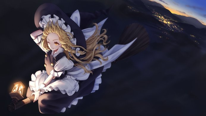 Marisa Kirisame, a witch from Touhou Project, flying on her broom at night