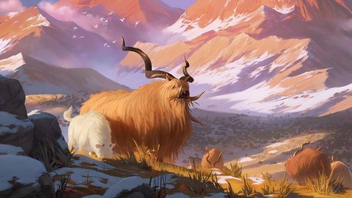 Markhor and mountain goats in a mountain landscape, artistic illustration