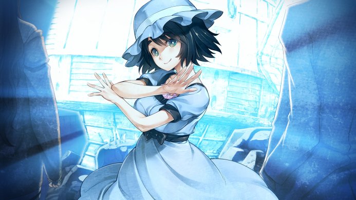 Mayuri Shiina from Steins;Gate in a blue dress and hat standing near a large structure