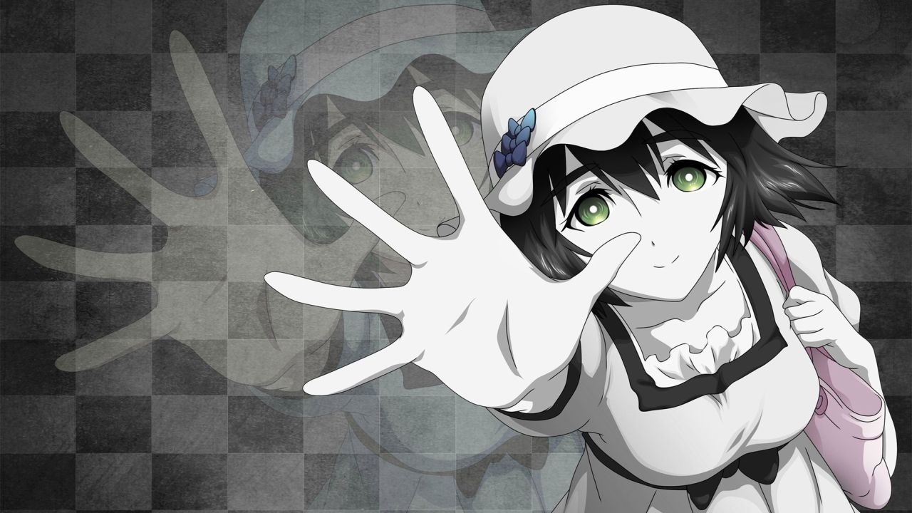 Anime girl Mayuri Shiina in white hat reaching hand
