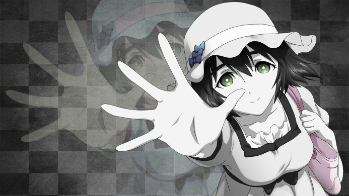 Mayuri Shiina, a character from Steins;Gate, reaches out with her hand in front of a checkered background