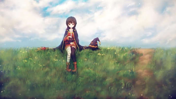 Megumin, a character from Konosuba, sitting in a field with her staff and witch hat