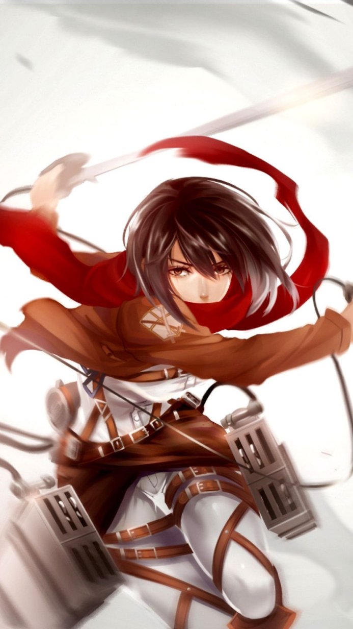 Mikasa Ackerman from Attack on Titan with swords raised, ready for battle