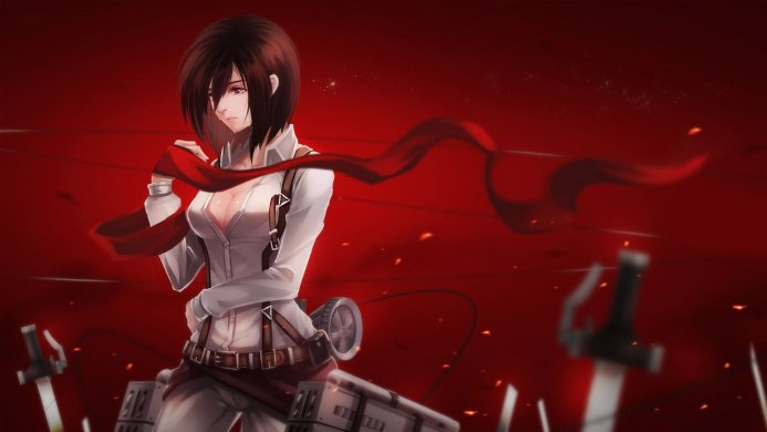 Mikasa Ackerman from Attack on Titan with a red scarf on a red background
