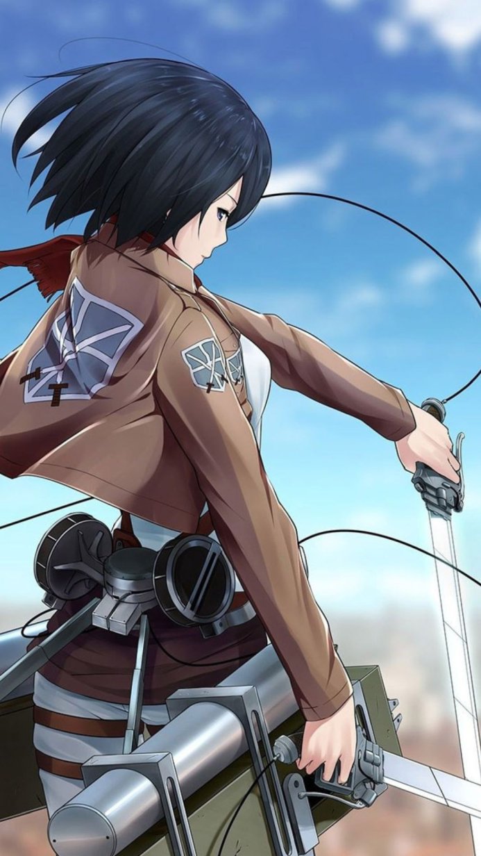Mikasa Ackerman from Attack on Titan with swords and ODM gear, looking determined