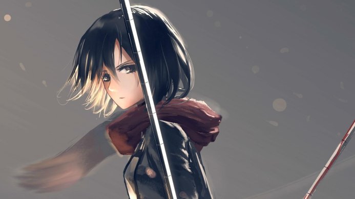 Mikasa Ackerman from Attack on Titan with a scarf and a sword