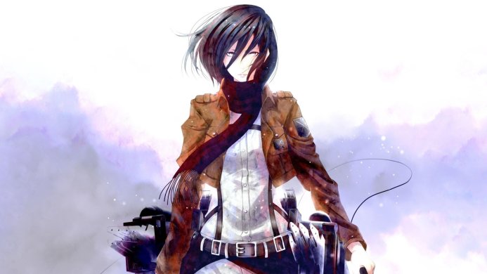 Mikasa Ackerman from Attack on Titan, wearing military uniform and a red scarf