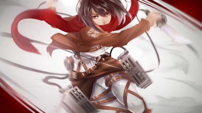 Mikasa Ackerman from Attack on Titan in action pose with sword