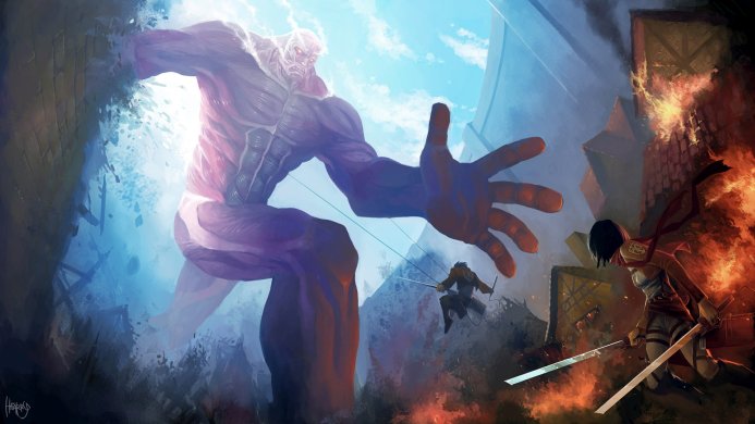 Mikasa Ackerman faces the Colossal Titan in a scene from Attack on Titan