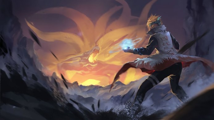 Minato Namikaze faces the Nine-Tailed Fox Kurama in a dynamic scene from Naruto