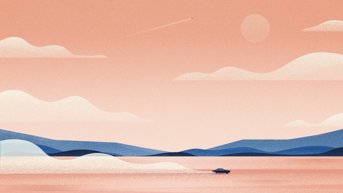 Minimalist landscape illustration with a car driving along a beach road