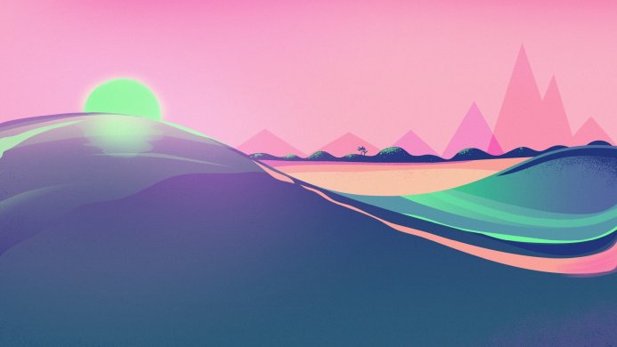 A minimalist landscape illustration with pink sky, green sun and blue hills