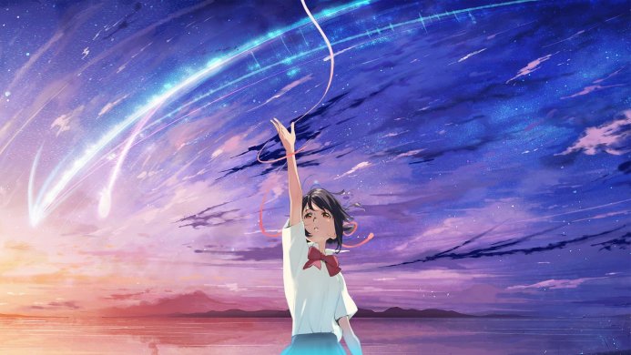 Mitsuha Miyamizu reaching for a meteor shower in "Your Name"