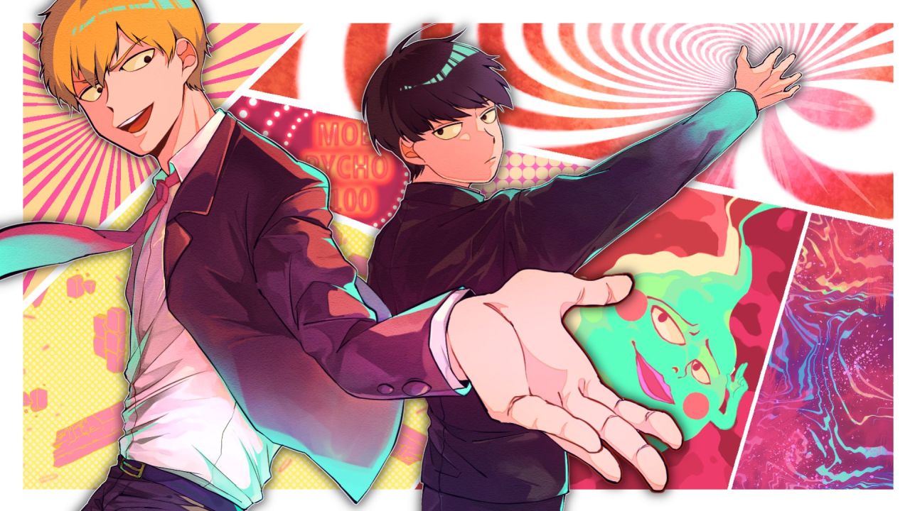 Reigen and Mob from Mob Psycho 100 with abstract art