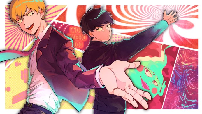 Shigeo Kageyama and Reigen Arataka from Mob Psycho 100 in a dynamic comic book style image