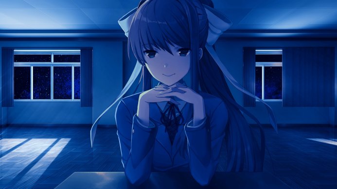 Monika from Doki Doki Literature Club!, in a school uniform, sitting at a desk in a blue room