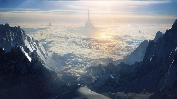 Mountain peaks rise above a sea of clouds, with a distant castle silhouette