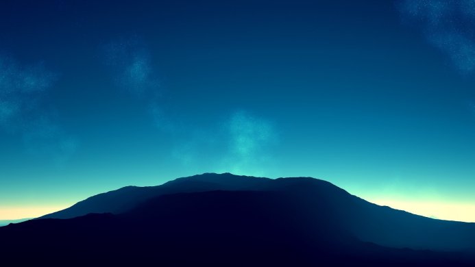 Silhouette of mountains under a gradient blue and cyan sky with sparse stars