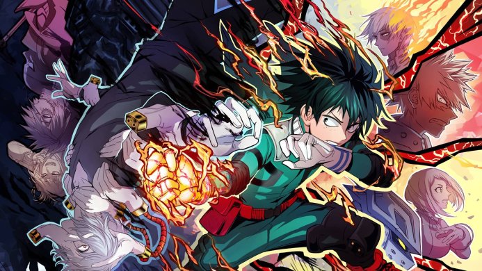 Characters from My Hero Academia including Izuku Midoriya, Bakugo, Todoroki, and villains in action poses
