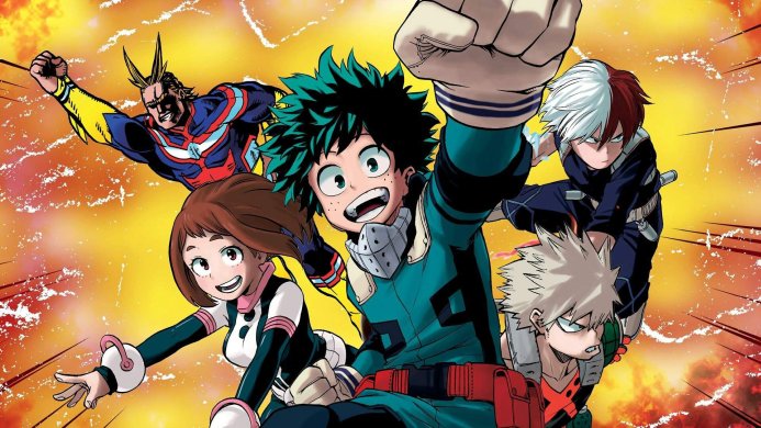 Group of characters from My Hero Academia anime in dynamic poses on a yellow background