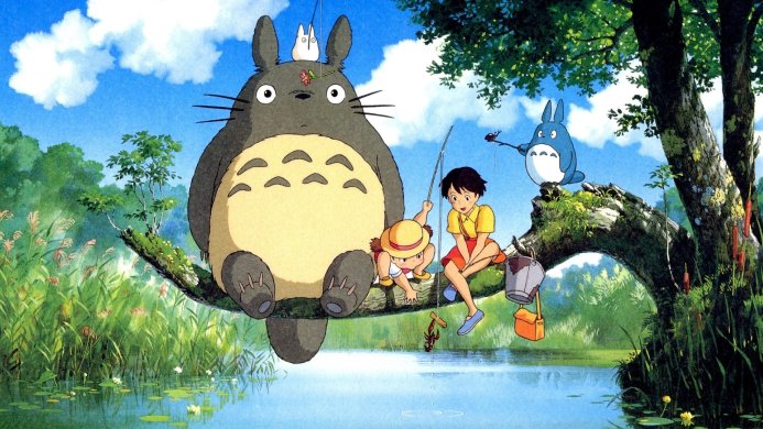 Totoro and the Kusakabe sisters fishing by the water in My Neighbor Totoro