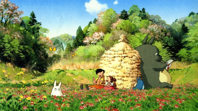 Totoro with Satsuki and Mei in a field of flowers from My Neighbor Totoro