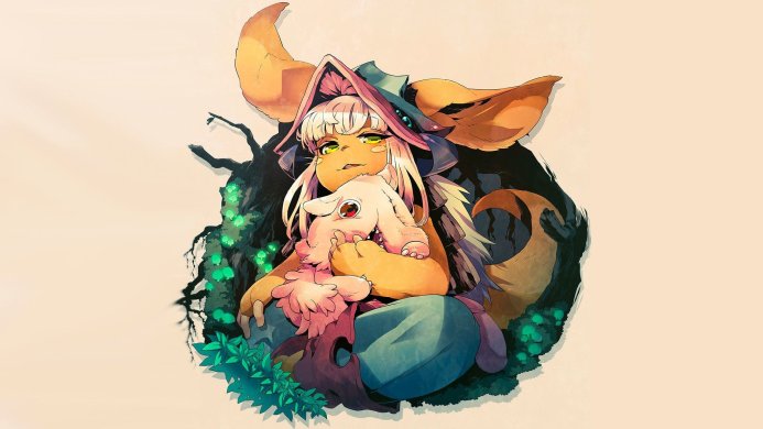 Nanachi from Made in Abyss hugging Mitty, surrounded by greenery