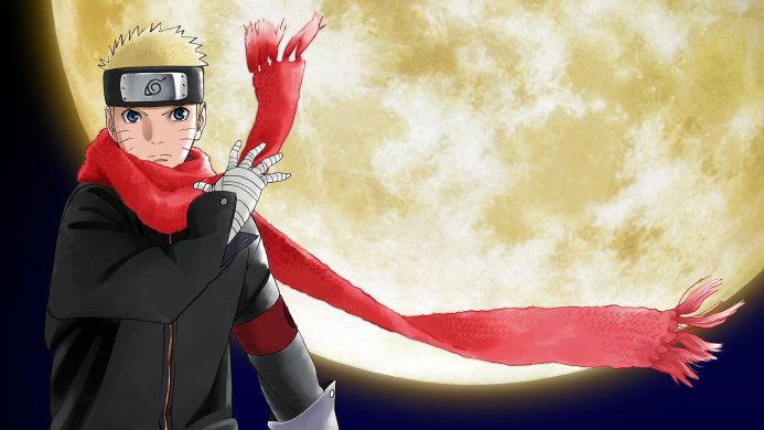 Naruto Uzumaki with a red scarf in front of a big moon