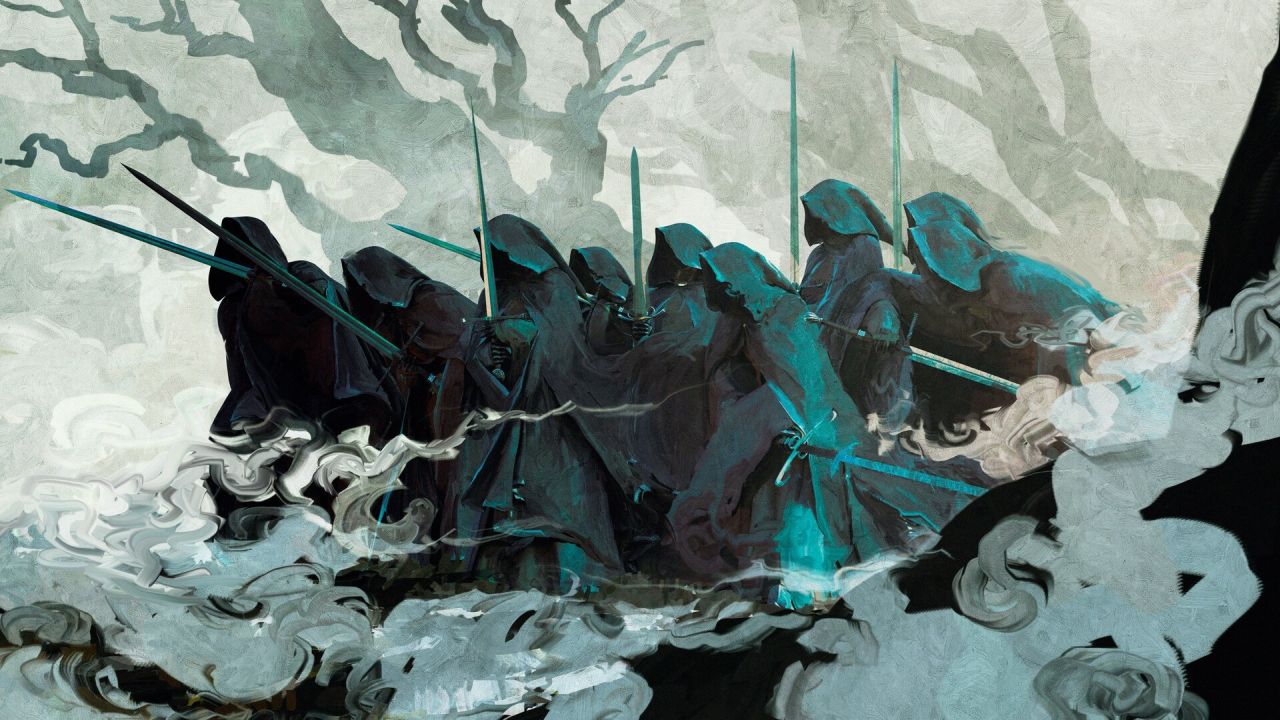 Hooded figures with swords emerging from smoke