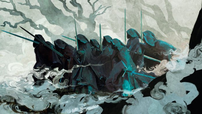 Nazgûl from Lord of the Rings riding out from the shadows with swords