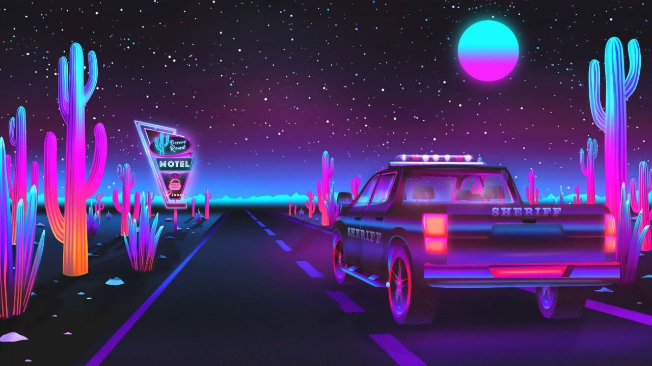 Neon sheriff car on desert road at night with motel sign