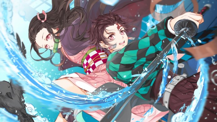 Nezuko and Tanjiro Kamado from Demon Slayer, surrounded by water effects