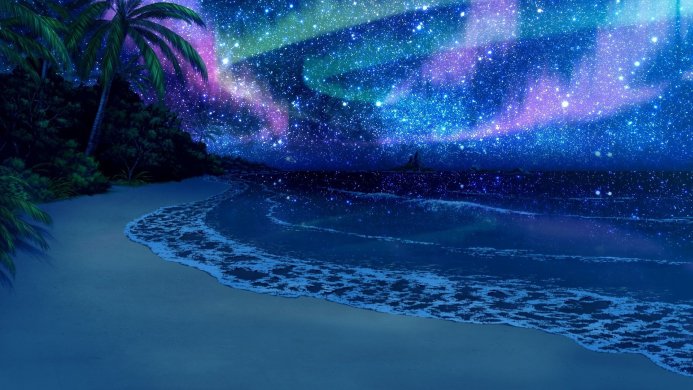 Night beach with a starry sky and palm trees