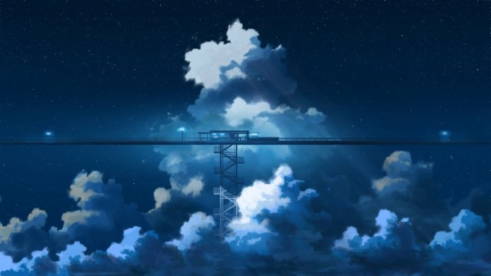 A bridge spans a cloudy night sky filled with stars in this digital landscape painting