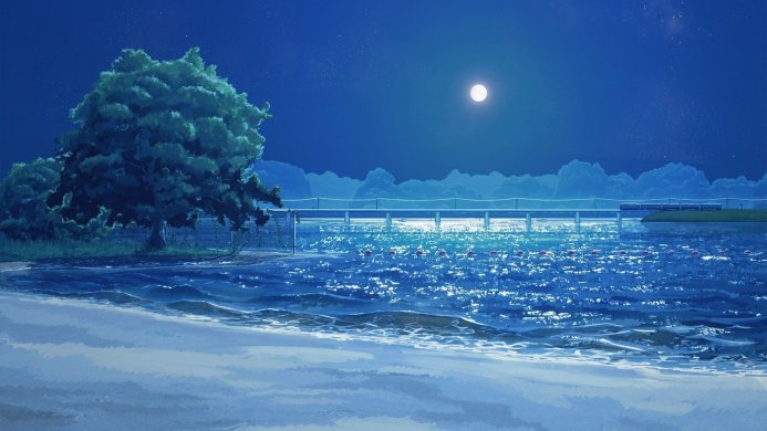 Night scenery with sea, tree, and moon