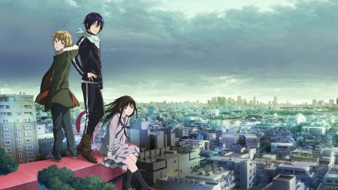 Yato, Yukine, and Hiyori Iki from Noragami overlooking a city