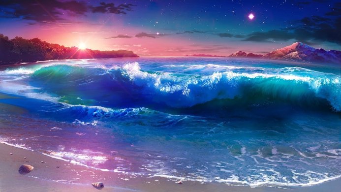 Vibrant seascape with waves crashing on the beach at sunset