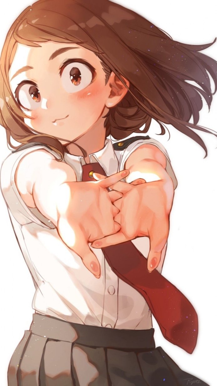 Ochaco Uraraka from My Hero Academia in school uniform pointing