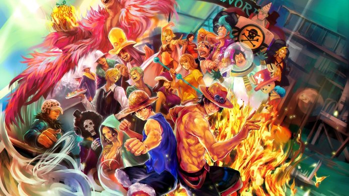 A large group of One Piece characters, including Luffy, Ace, Zoro, and others, in a dynamic and colorful composition