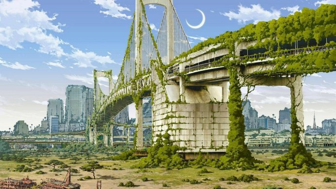 Overgrown bridge and city buildings. A desolate cityscape