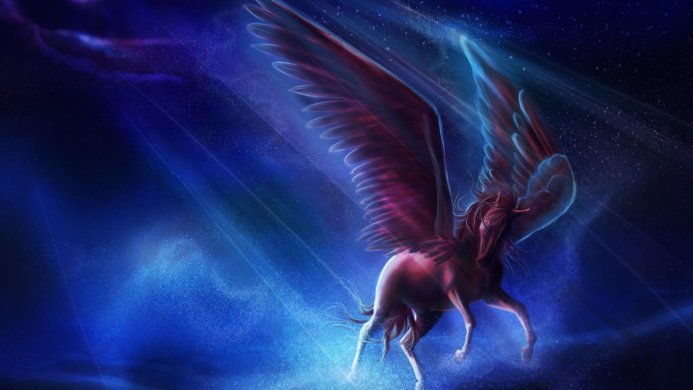 A pegasus with large wings flying through a starry blue sky