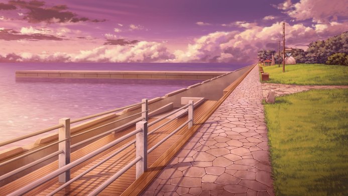 A calm seascape with a pier under a purple and pink sky with fluffy clouds