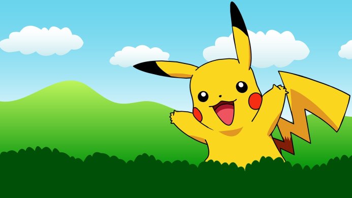 Pikachu from Pokemon is in the grass against a background of blue sky and hills