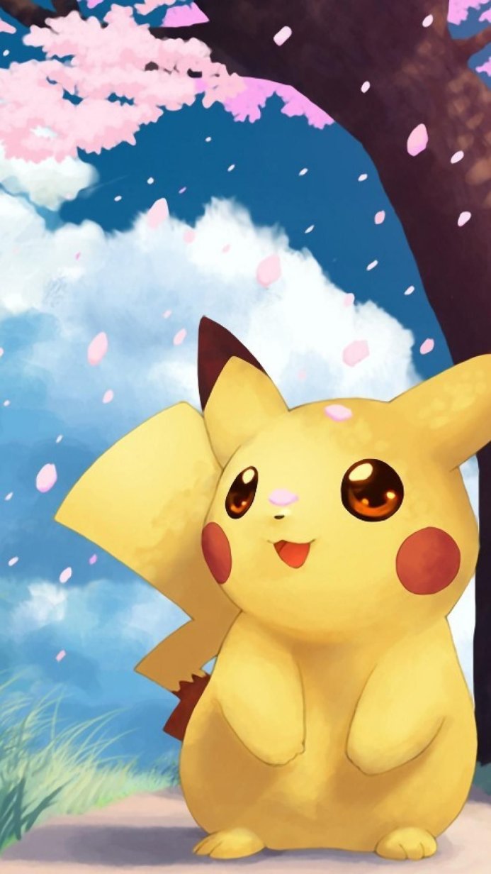 Pikachu in a spring scenery with blossom