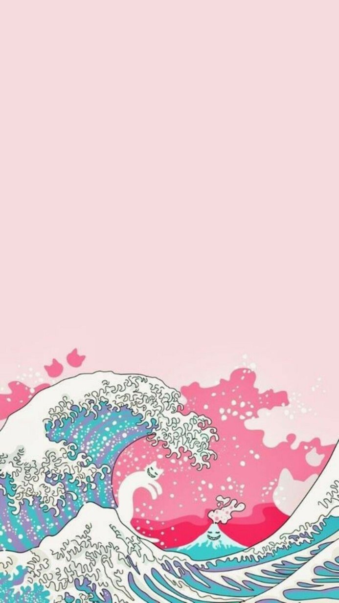 Pink and blue cartoon great wave with cats