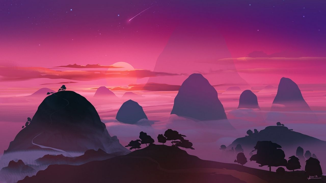 Pink purple sunset sky mountains clouds silhouette
