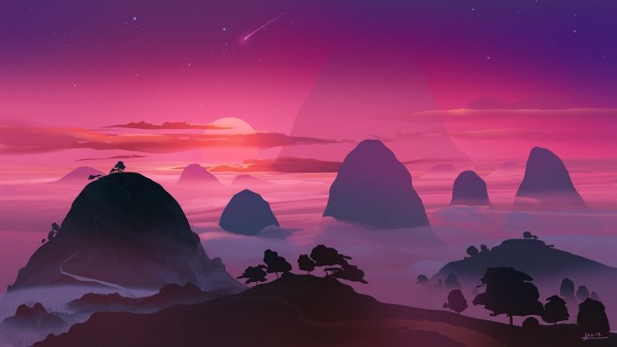 Pink and purple sunset over misty mountains with silhouette of trees